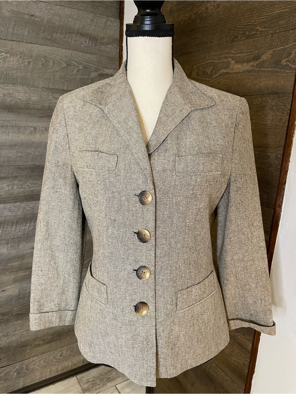 😍 Anne Klein Elegant Silk Linen Blazer Taupe Tweed Button-Front 3/4 Sleeve